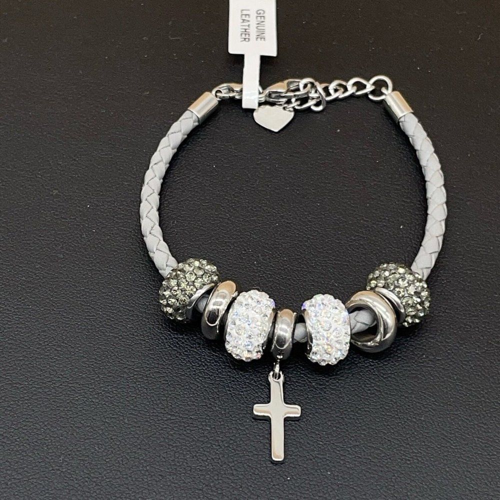 Bracelet Crystal Beads Religious Gray Leather Stainless Steel Cross Polished 7.5